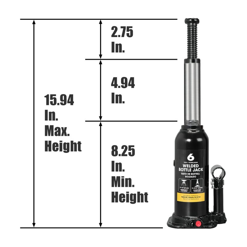 Torin 6 Ton (12,000 LBs) Capacity Hydraulic Welded Bottle Jack, AT90603BB , Black - Image 2